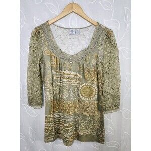 Caribbean Joe Shirt Blouse Artsy Women's PL Beaded Sheer Sleeve